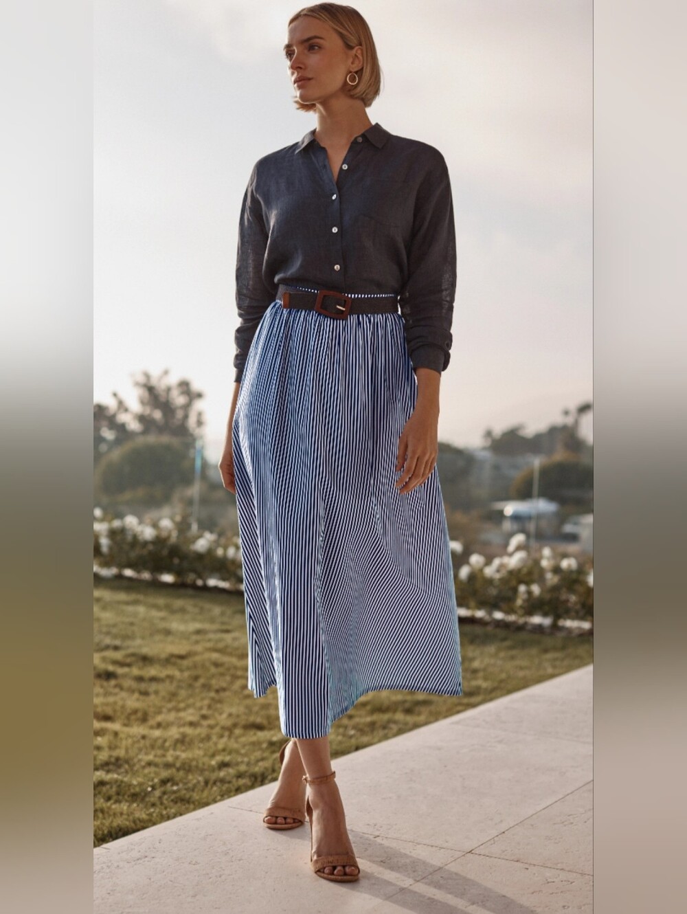 J. Jill Skirt, NEW! Size XL, Navy Blue & White Striped, Full, Cotton